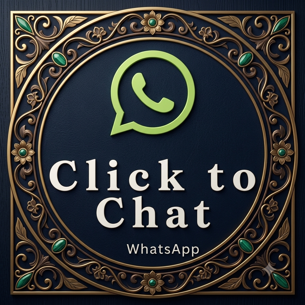 Ornate framed button saying "Click to Chat" with WhatsApp logo, inviting chat via WhatsApp (decorative image).