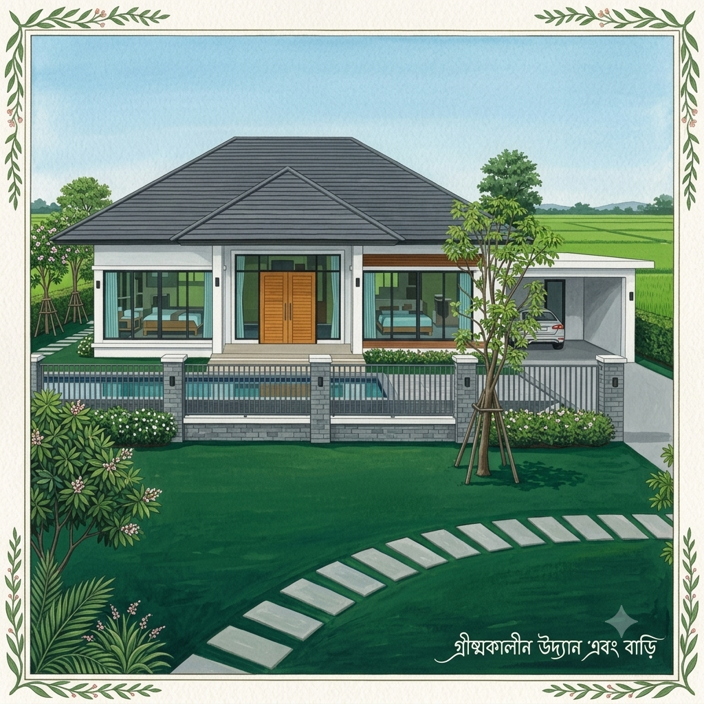 Illustrated modern single-story home with glass walls, front porch, and surrounding green lawn.