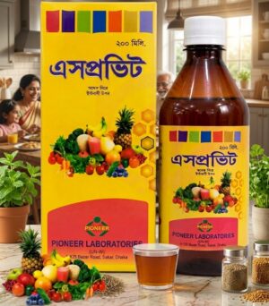 Bright yellow box and large bottle labeled Esprvit from Pioneer Laboratories, featuring a colorful fruit collage on the label, set on a kitchen counter with herbs and glass of tea in front (200 ml).