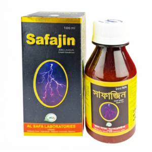 Box and bottle of Safajin medicine with yellow accents and a purple lightning circle logo on a dark background.